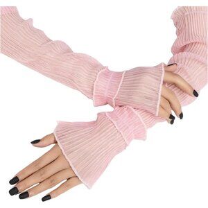 Women's Ruffle Pink Fabric Fingerless Mesh Sheer Elbow Arm Sleeves Hem Gloves